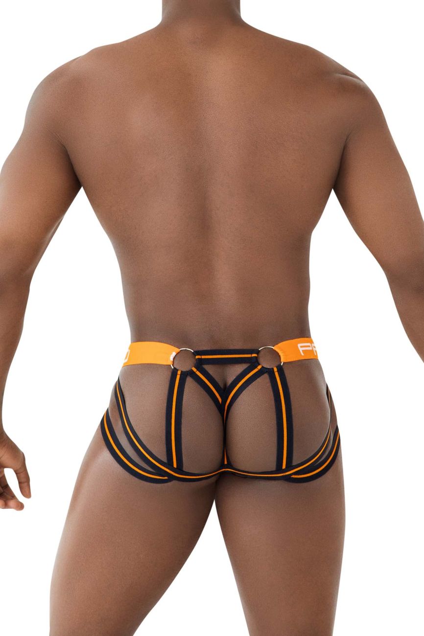 Ppu 2305 mesh jockstrap in orange featuring bold strappy design and breathable mesh briefs front view