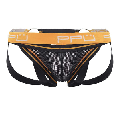 Ppu 2305 mesh jockstrap in orange with black mesh fabric and branded waistband front view