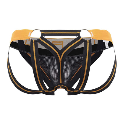 Ppu 2305 mesh jockstrap in orange with black and gold mesh fabric and reinforced straps for athletic support