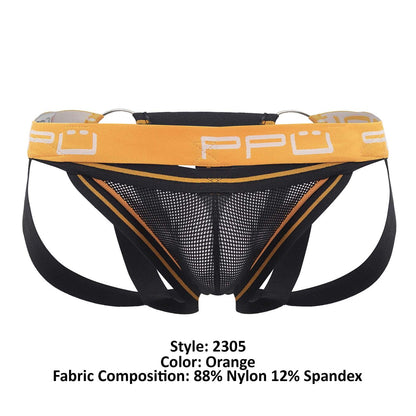 Ppu 2305 mesh jockstrap in orange with black straps and yellow waistband featuring ppu logo front view