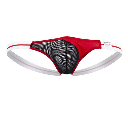 Red and black mesh PPU 2306 thong with white elastic waistband and branded label on the side
