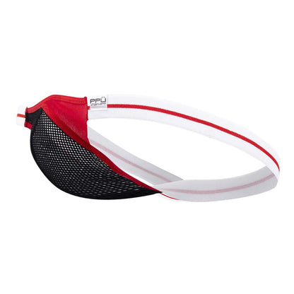 Red and black mesh athletic headband with white elastic band and red trim for PPU 2306 thong or jockstrap color red
