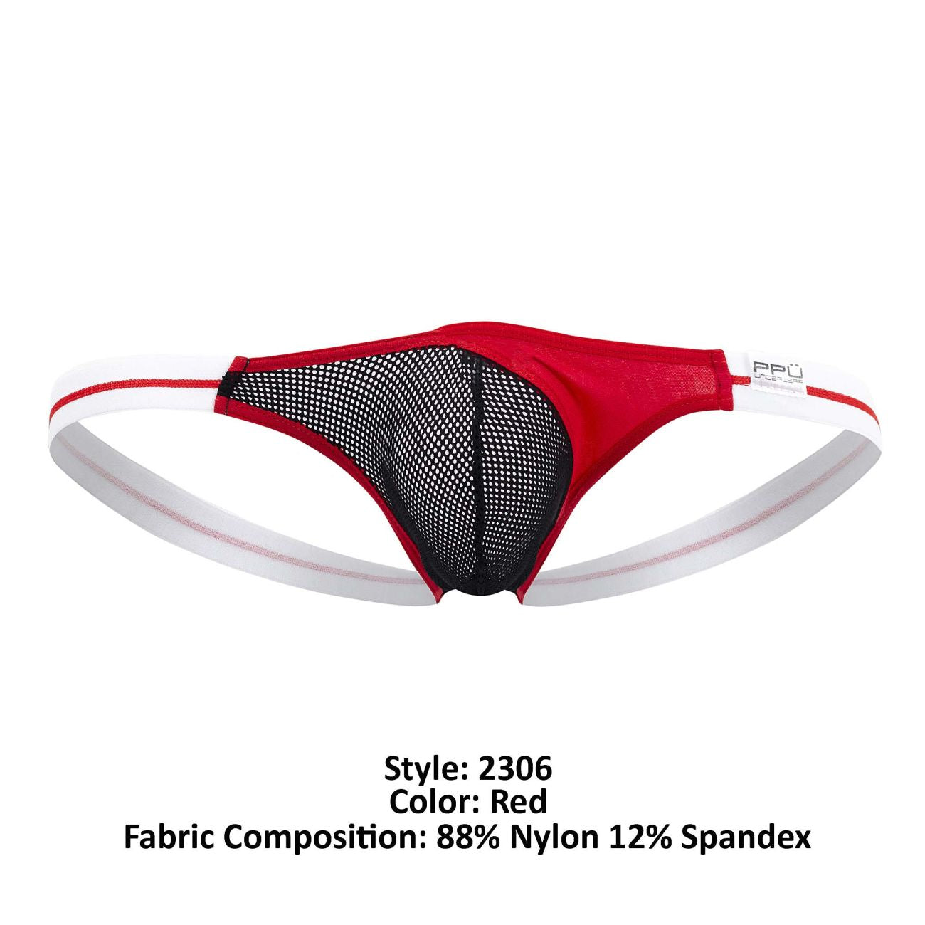 Red and black mesh thong with white elastic waistband and branded label on the side ppu 2306 color red