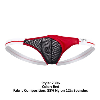 Red and black mesh thong with white elastic waistband and branded label on the side ppu 2306 color red