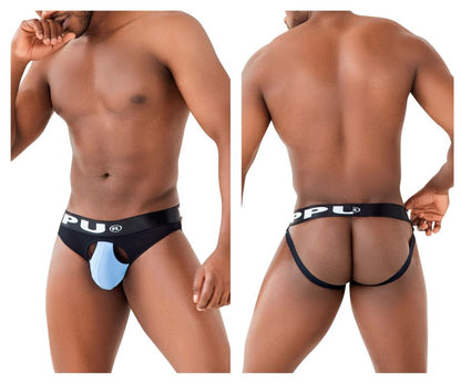 Black and light blue pu ppu 2307 ball lifter jockstrap briefs with supportive contoured design