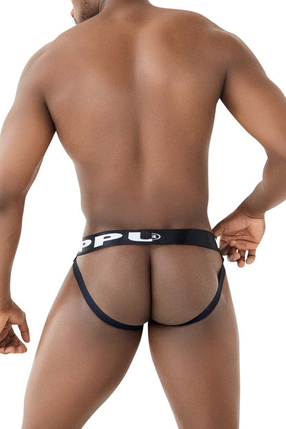 Black mesh ball lifter jockstrap in blue with bold white ppu logo on the waistband