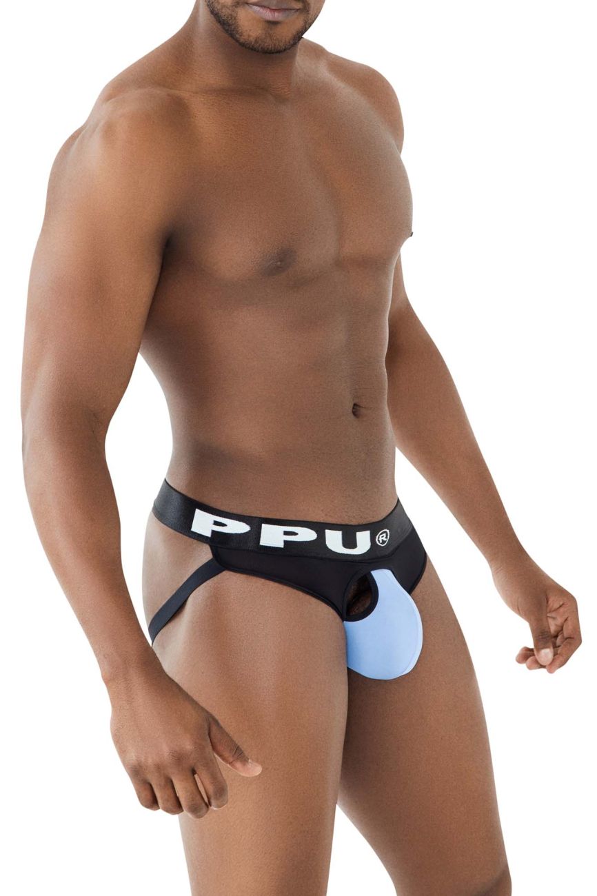 Ppu 2307 ball lifter jockstrap in black and light blue with distinctive cutout design for support and lift