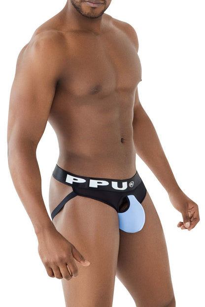 Ppu 2307 ball lifter jockstrap in black and light blue with distinctive cutout design for support and lift