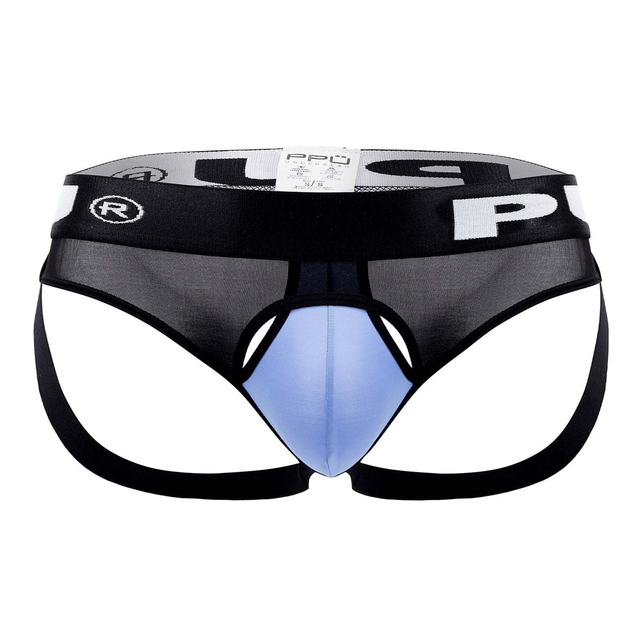 Blue ppu 2307 ball lifter jockstrap with black and light blue mesh briefs and a bold pro logo waistband