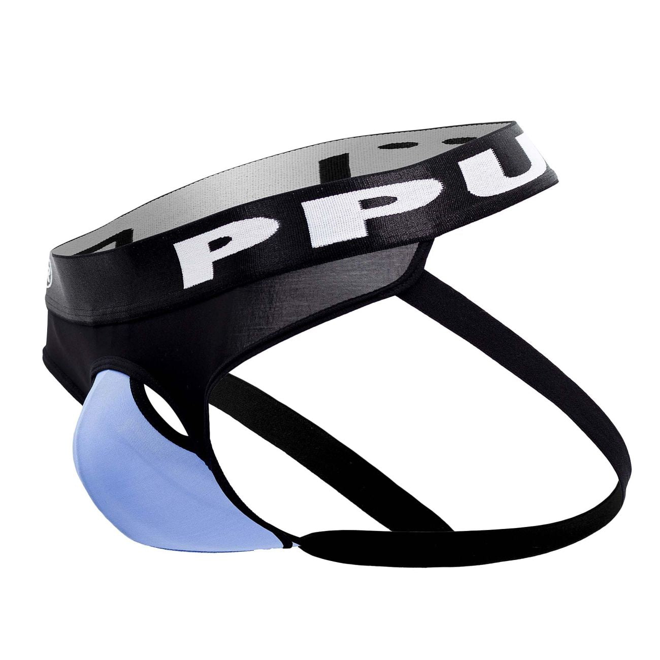 Black and light blue ppu 2307 ball lifter jockstrap with bold white waistband logo for athletic support