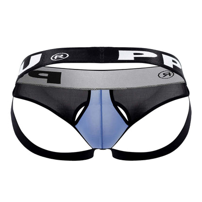 Black and light blue mesh briefs with bold pp logo band ppu 2307 ball lifter jockstrap in blue color