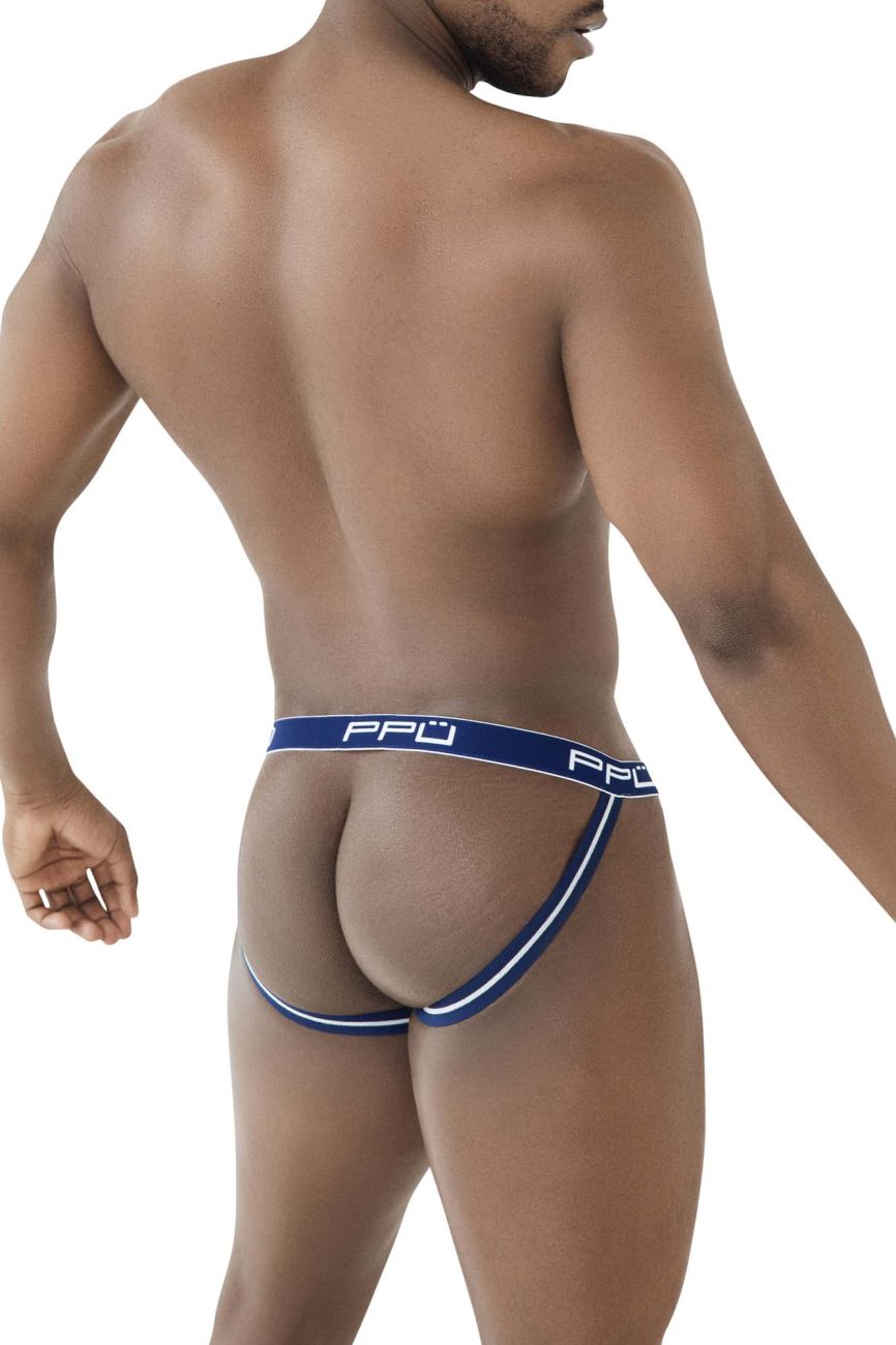Blue and white ppü brand ppu 2308 one side mesh jockstrap with sleek form-fitting design and breathable mesh panel