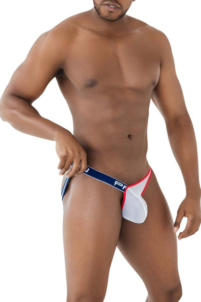 Ppu 2308 one side mesh jockstrap in blue with white and red athletic briefs and navy waistband featuring ff logo