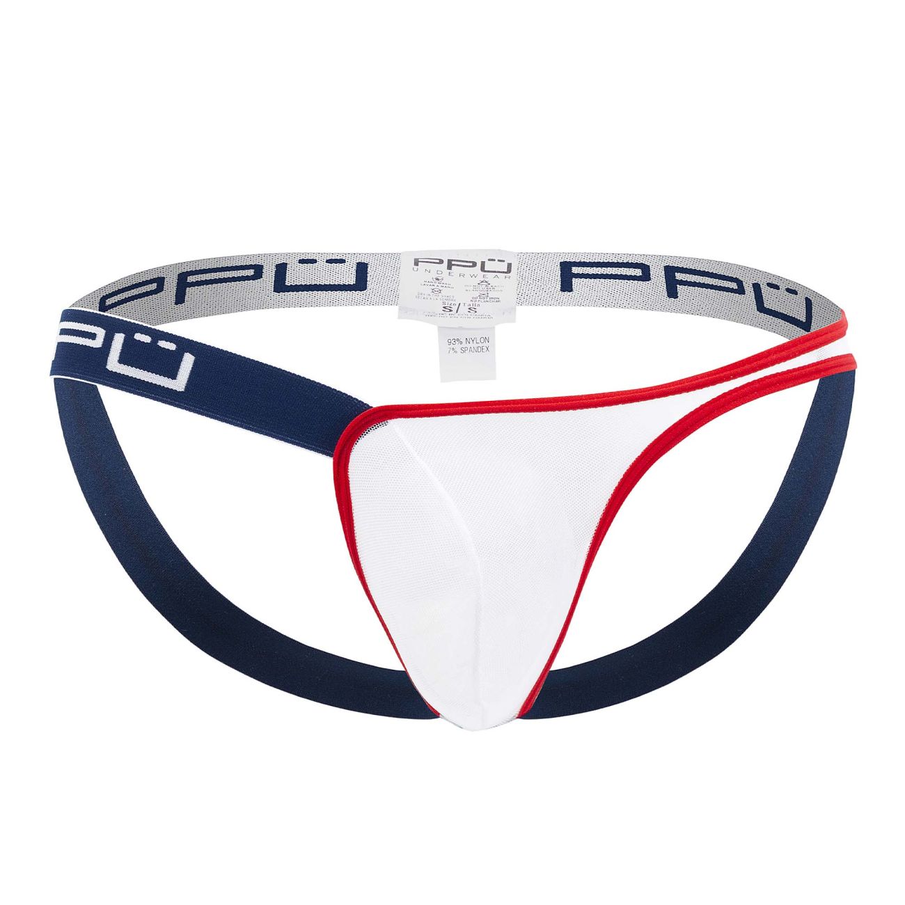 White navy blue and red men’s briefs with branded elastic waistband for ppu 2308 one side mesh jockstrap color blue