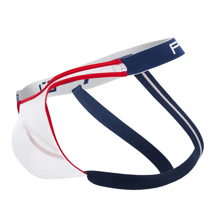 White red and navy blue men’s athletic briefs with mesh panels and striped elastic bands ppu 2308 one side mesh jockstrap blue