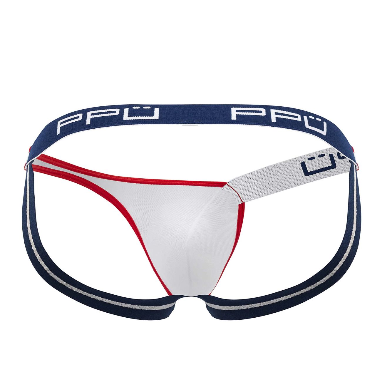Ppu 2308 one side mesh jockstrap in white red and navy blue with textured waistband showing front side