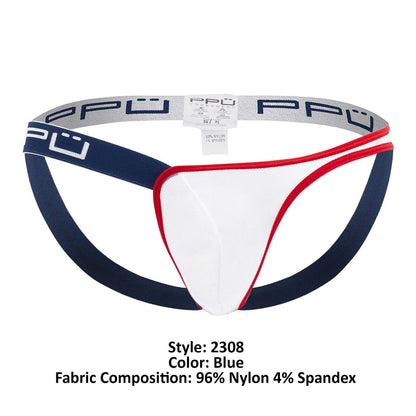 Blue and white athletic briefs with red trim and branded elastic waistband in ppu 2308 one side mesh jockstrap color blue