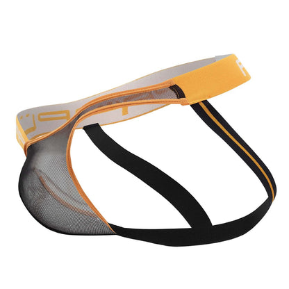 Ppu 2308 one side mesh jockstrap in black and orange features a supportive mesh design for comfortable wear