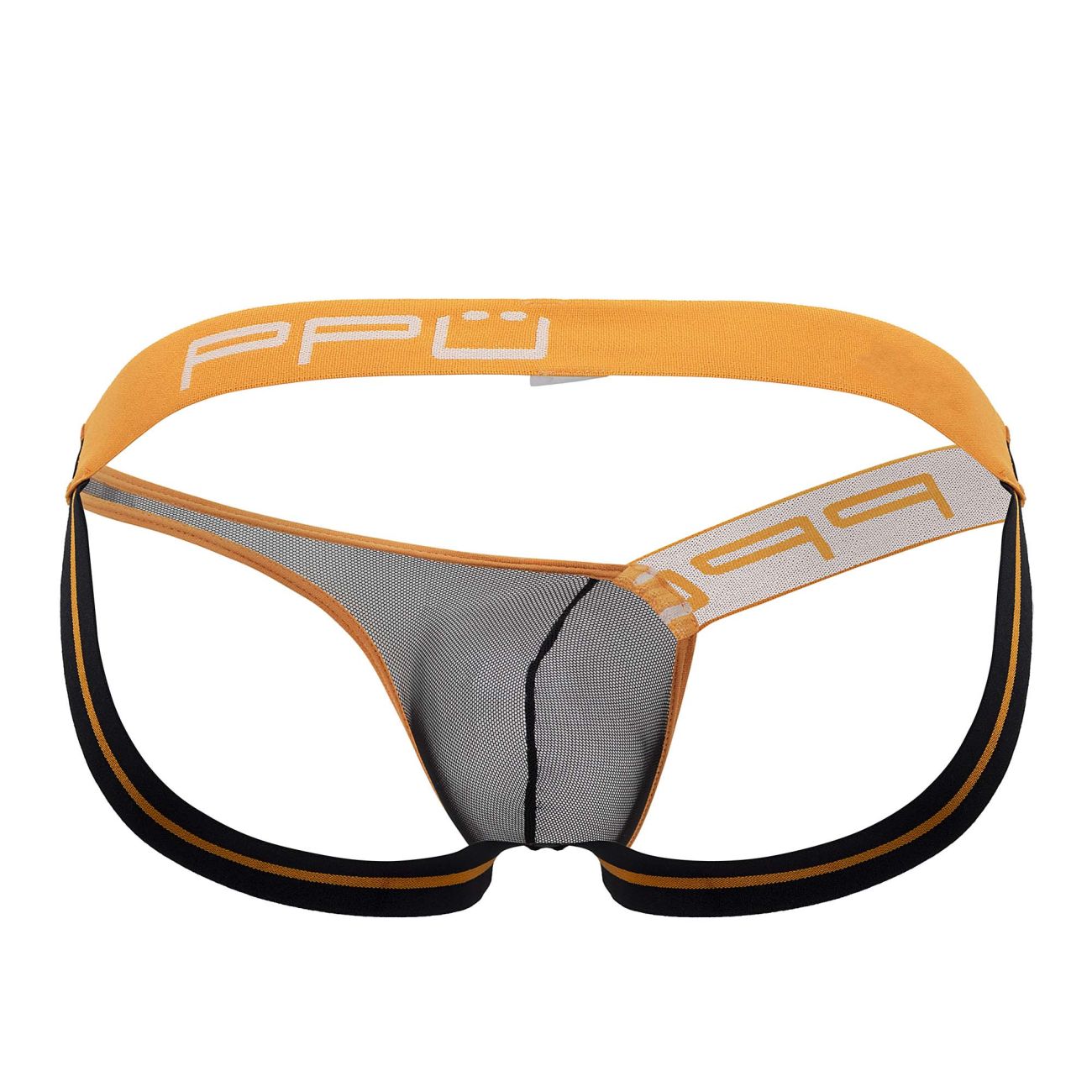 Ppu 2308 one side mesh jockstrap in orange with black mesh and white ppu logo on waistband