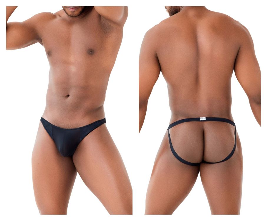 Black microfiber men’s briefs with supportive backband and minimalistic design shown from the back side