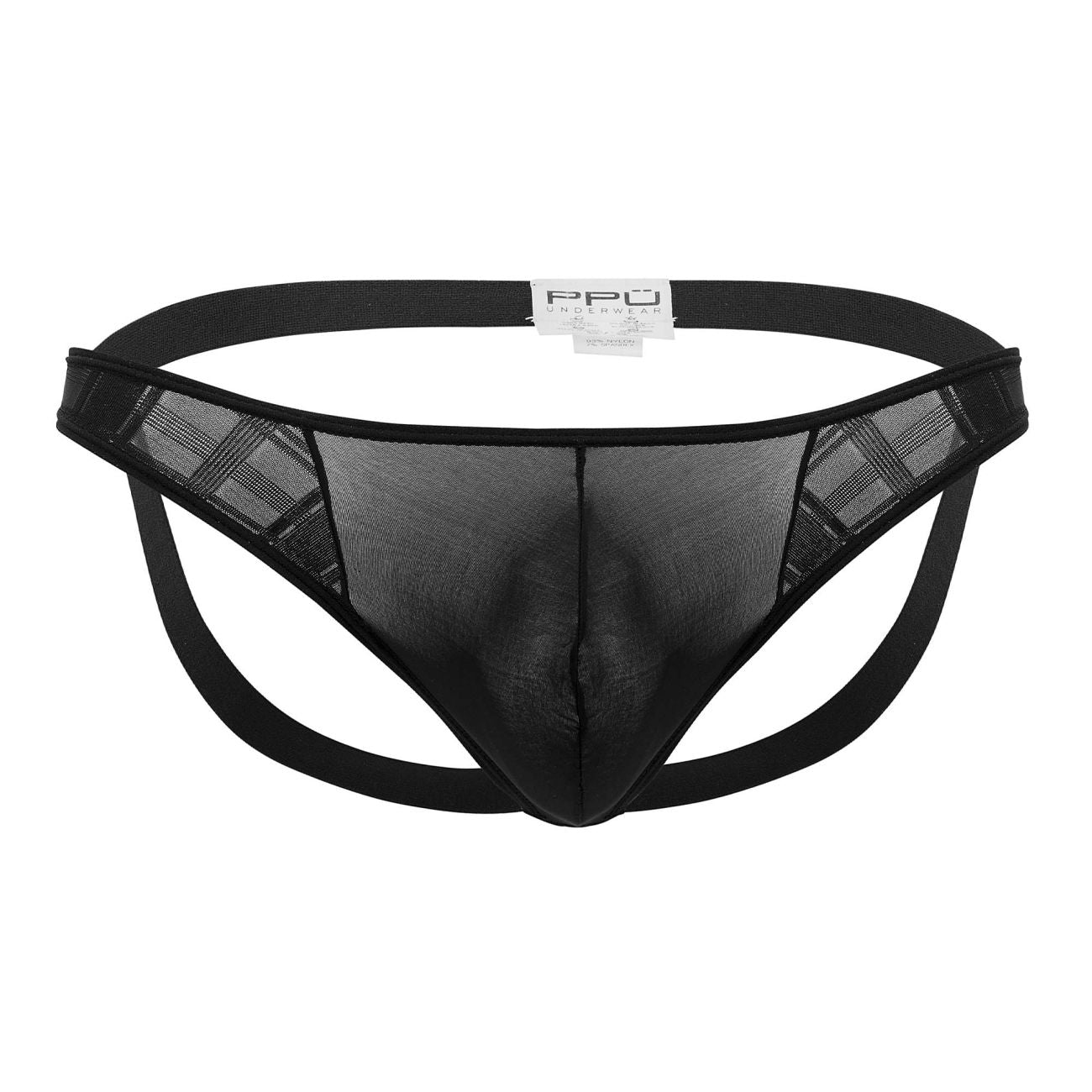 Black microfiber jockstrap ppu 2309 with mesh thong design, solid elastic waistband, and plaid side panels