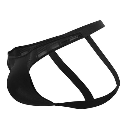 Black PPU 2309 microfiber jockstrap with mesh briefs, solid waistband, and supportive straps in black