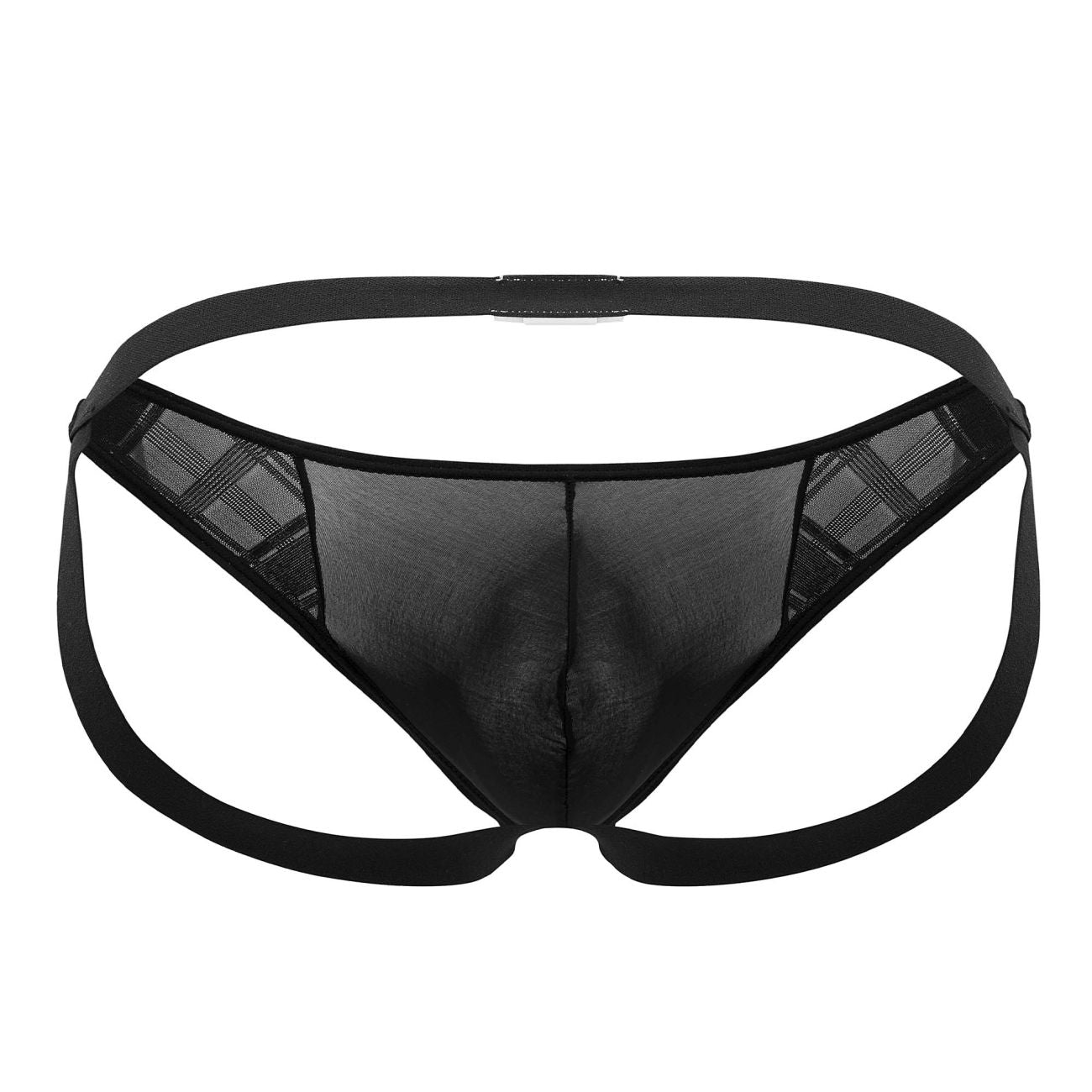 Black sheer mesh thong with plaid sides and solid black waistband from ppu 2309 microfiber jockstrap collection