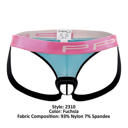 Fuchsia men’s ball lifter and thong jockstrap with pink waistband white pp branding and black side straps