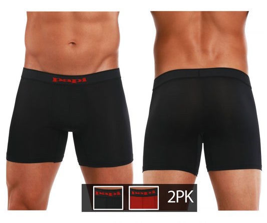 Black mens boxer briefs two pack with red dmp branding on waistband papi cool2 solid black red