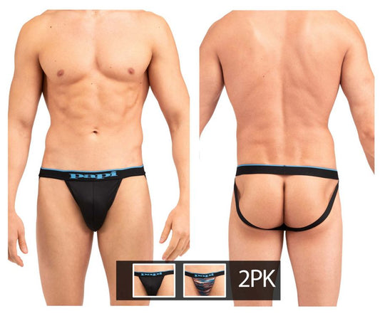 Black papi jockstrap with light blue waistband and side straps in color black-blue for comfortable support