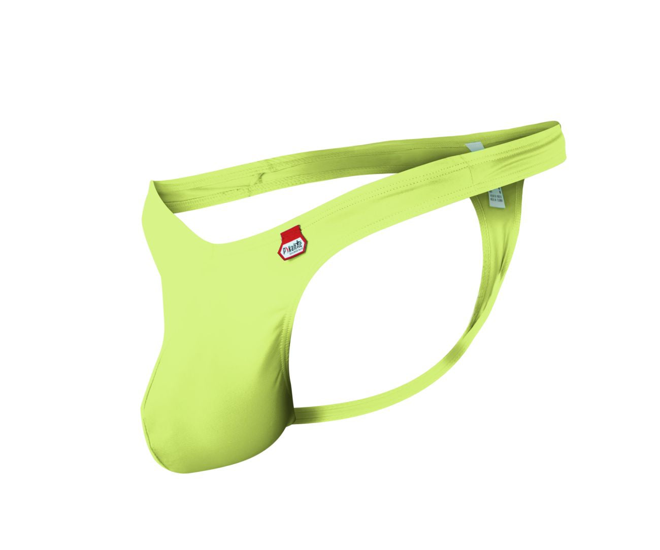 Vibrant lime green pikante angola men’s thong with red and white logo patch on the hipband shown from the back side