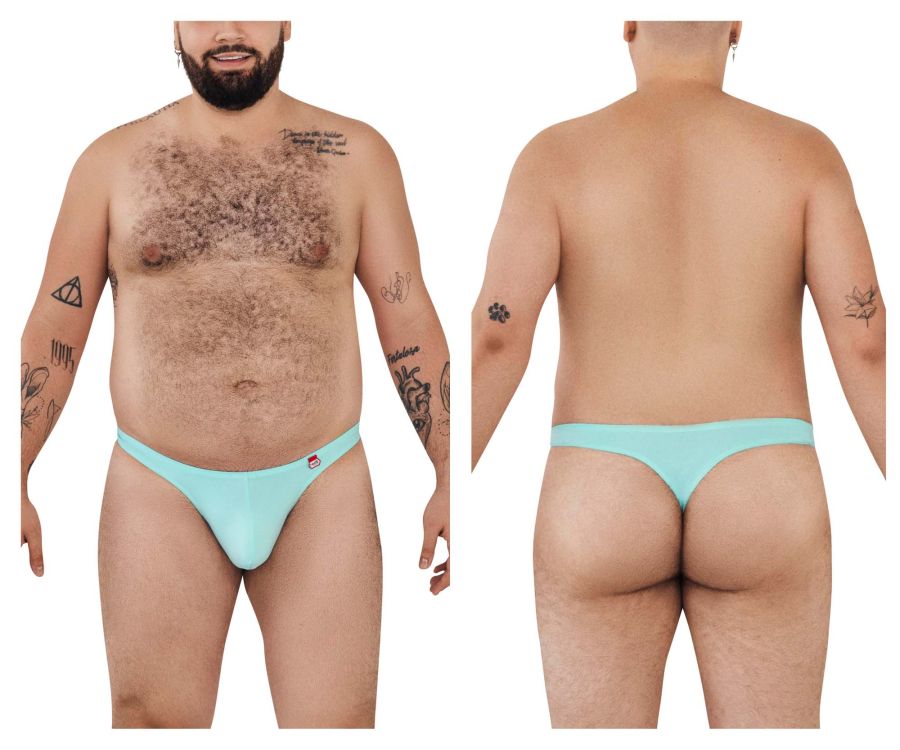 Light blue Pikante Angola thong with small red logo on left hipband shown from the back side
