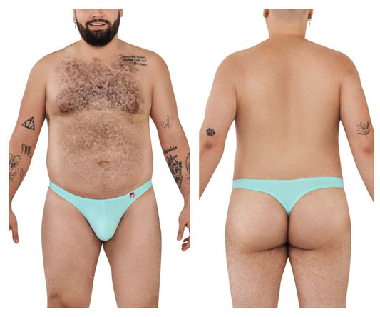 Light blue Pikante Angola thong with small red logo on left hipband shown from the back side