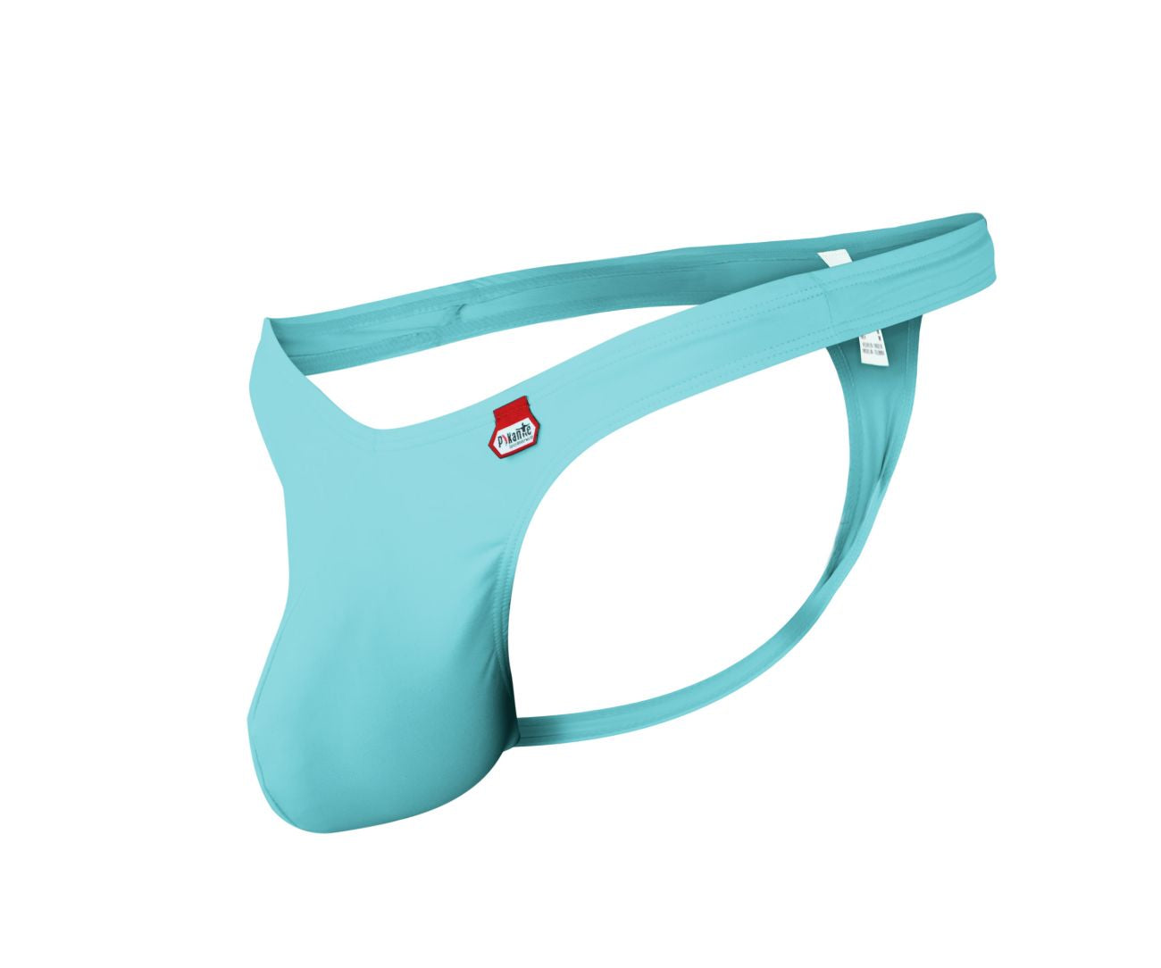 Light blue form-fitting men’s thong by Pikante with red and white logo on the side, model PIK 0978X Angola