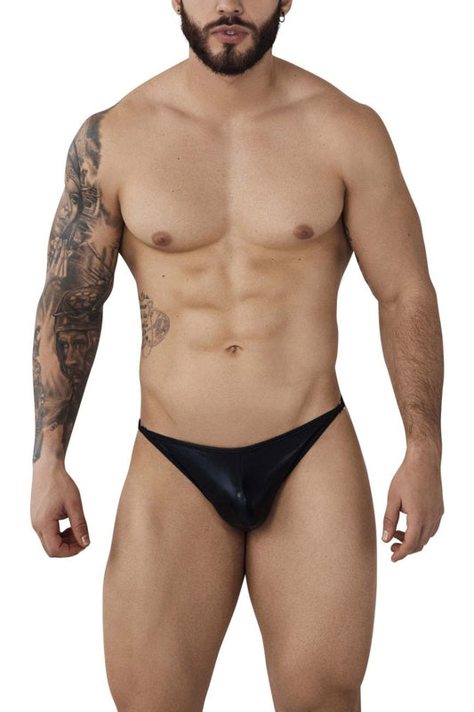 Black glossy Pikante PIK 1014 Salerno thongs showing the front made of shiny material for a sleek look