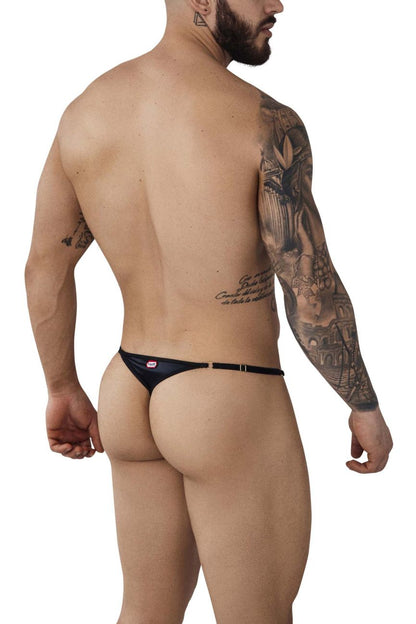 Black satin pikante pik 1014 salerno thong with metallic buckle and small red logo on waistband front side