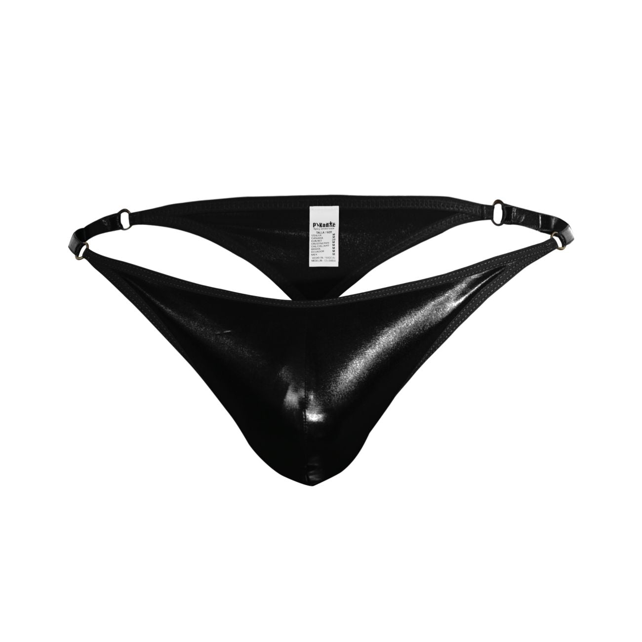 Black glossy latex thong pikante pik 1014 salerno with sleek fit and adjustable straps shown from the back side