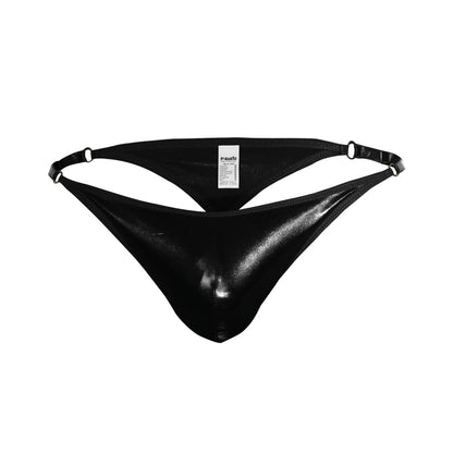 Black glossy latex thong pikante pik 1014 salerno with sleek fit and adjustable straps shown from the back side