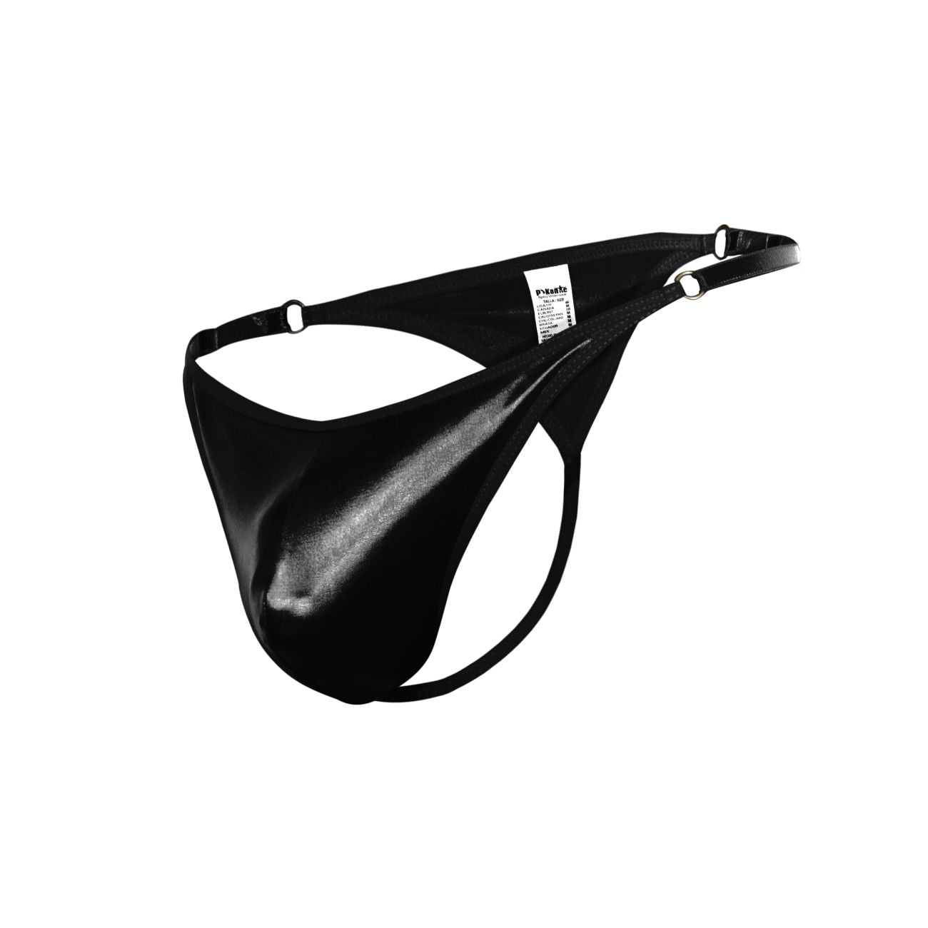 Black patent leather thong with sleek glossy finish and adjustable straps from pikante pik 1014 salerno thongs color black