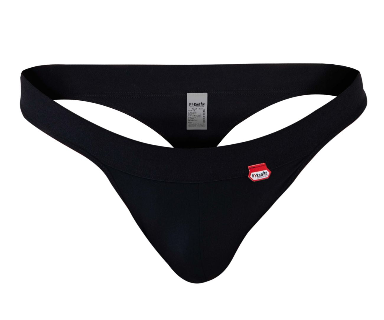 Black mens thong with a red and white pikante logo patch on the front in pikante pIK 1024X terni style black color