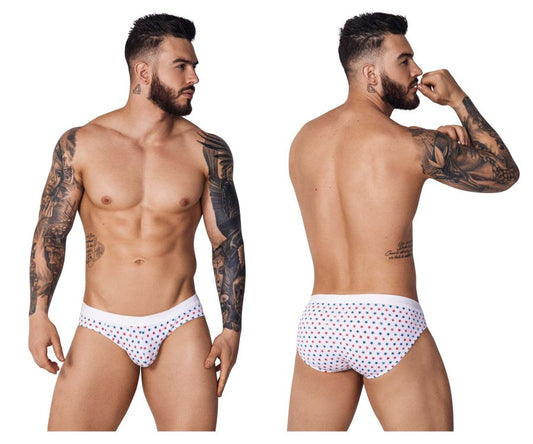 White Pikante PIK 1072 Blaze briefs featuring a pattern of small red and blue stars on soft fabric