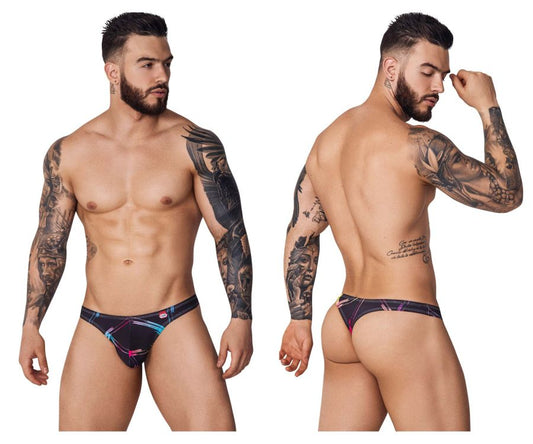 Black Pikante PIK 1077 nucleus thongs with vibrant pink blue and white geometric pattern briefs front view