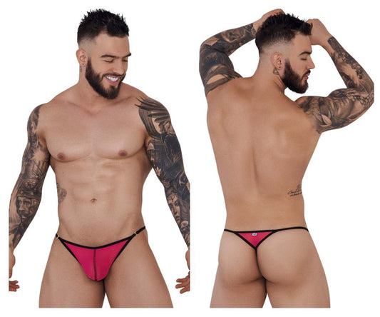 Bright pink Pikante Sonar thong with black trim and small logo on back side in fuchsia color