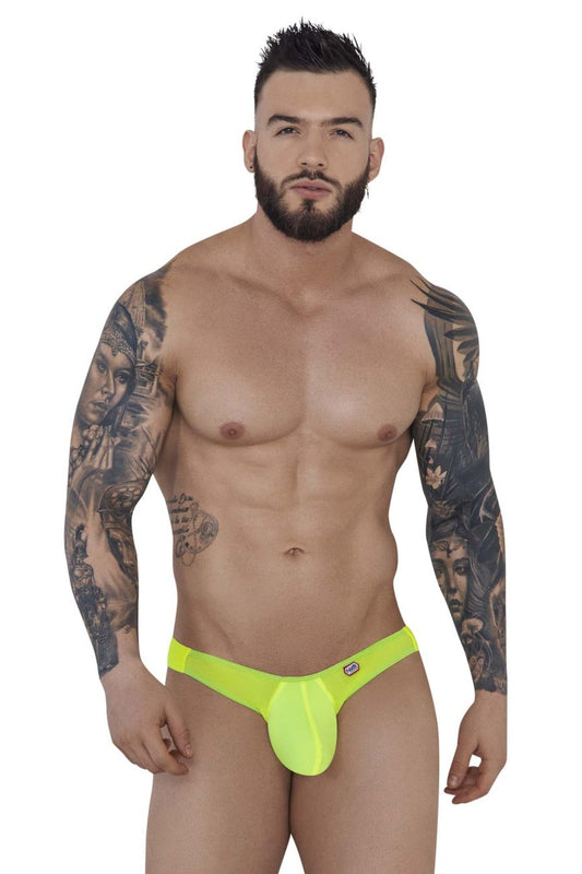 Bright neon yellow form-fitting thong from pikante pik 1283 bestival bikini with smooth stretchy fabric and side logo