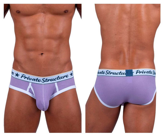 Lavender mesh mid waist mini briefs with white trim and private structure branding on waistband purple color
