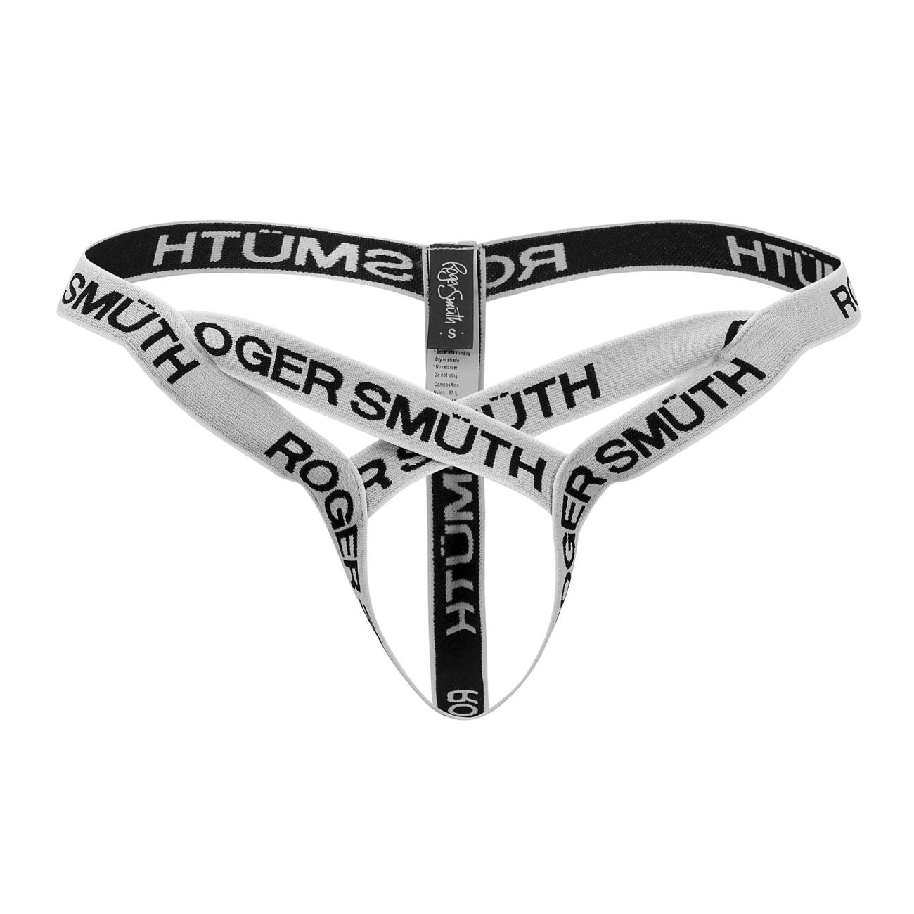 White and black Roger Smuth RS067 thong with bold elastic band lettering and comfortable fit