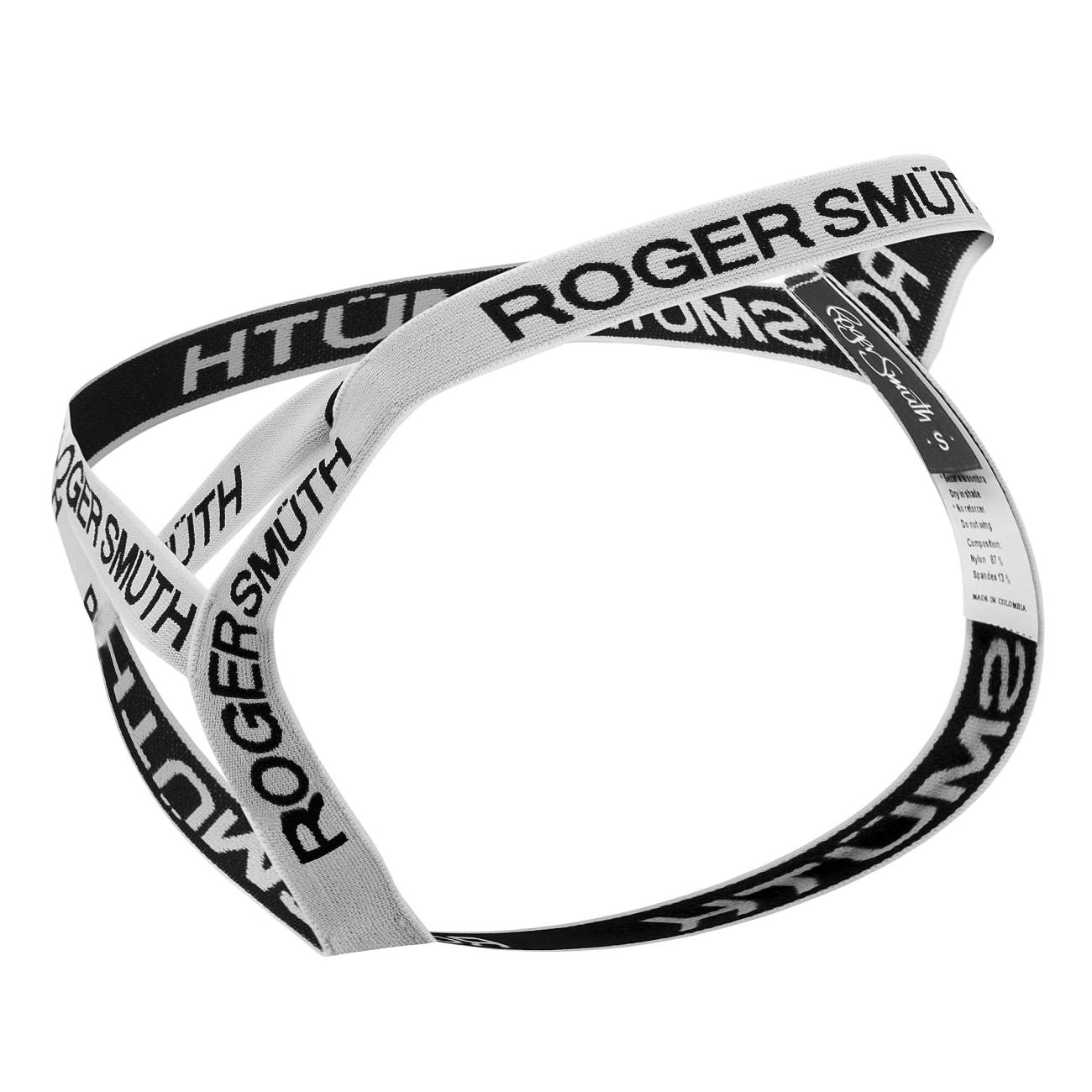 White roger smüth rs067 thong with black and white striped elastic waistband featuring bold roger smüth branding