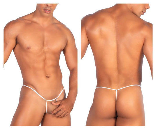 Roger smuth rs068 white thong with thin adjustable straps and minimalist design shown from the back side