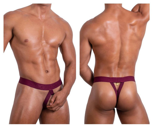 Back view of roger smuth rs087 ball lifter thong in maroon with gold logo detailing