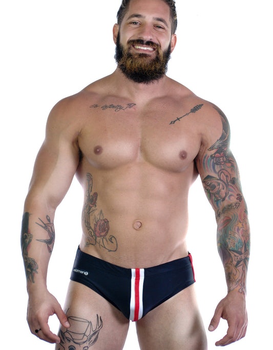 Navy blue swim trunks with red and white vertical stripes and a small logo near the waistband sportivo bikini black with red stripe